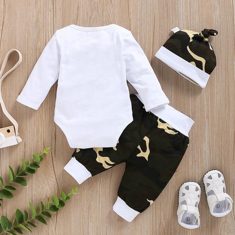 Baby Boys Solid Color Letter Print Jumpsuit Camouflage Pants Hat Set