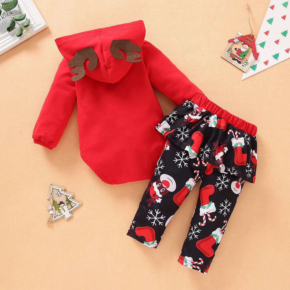 Baby Girls Christmas Elk Print Hoodie  Jumpsuit Pants Two Piece Set