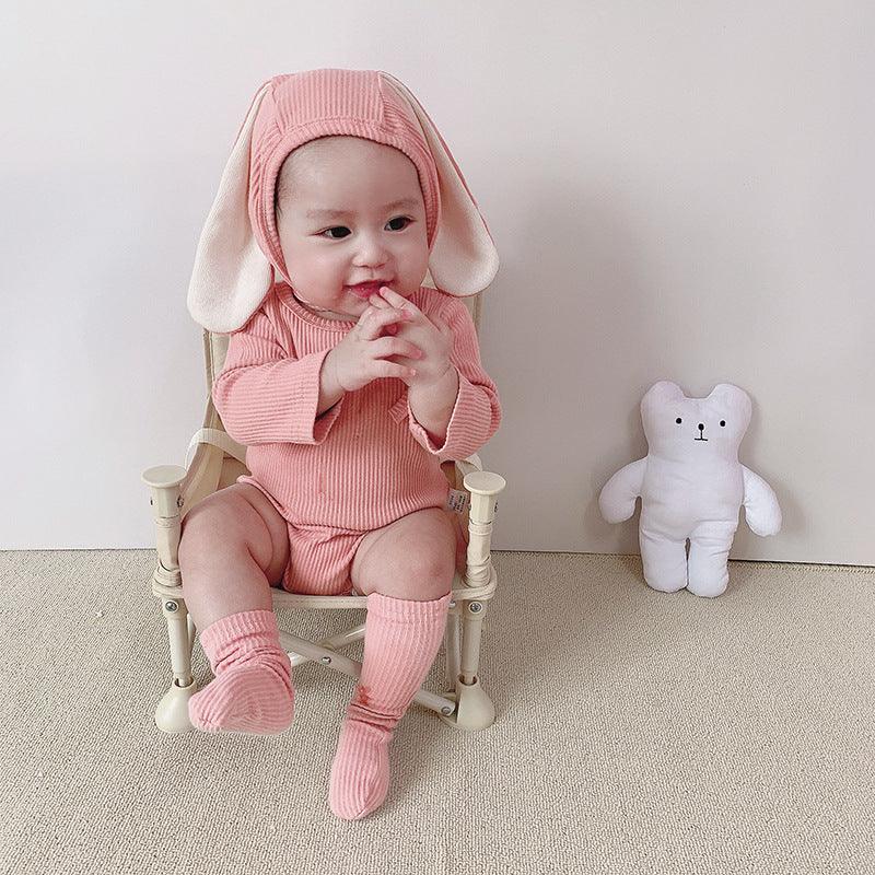 Baby Boys Girls Solid Color Cute Rabbit Ears Long Sleeved Jumpsuit Hat Socks Set