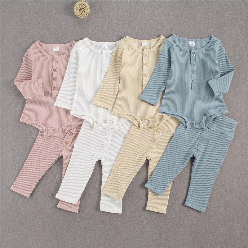 Baby Boys Girls Solid Color Knitted Children's Long Sleeved Loungewear Suit