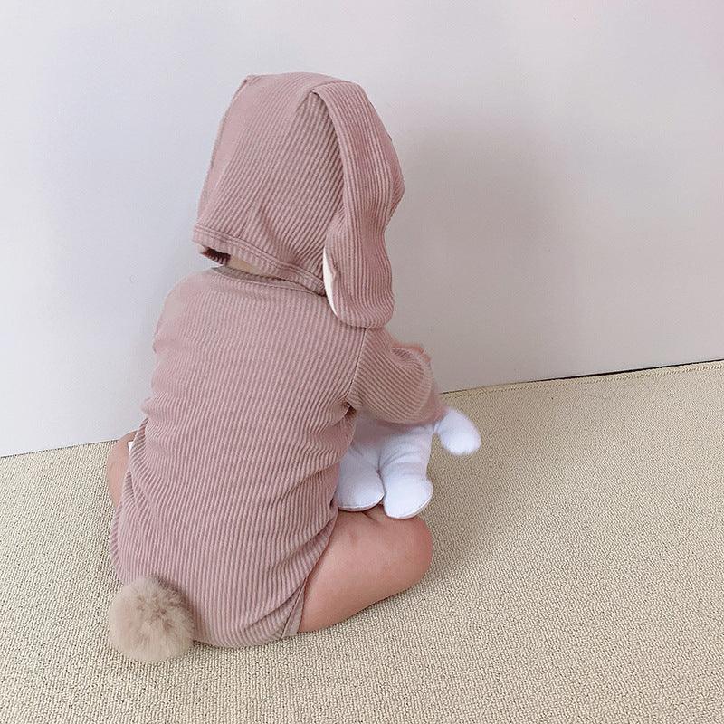 Baby Boys Girls Solid Color Cute Rabbit Ears Long Sleeved Jumpsuit Hat Socks Set