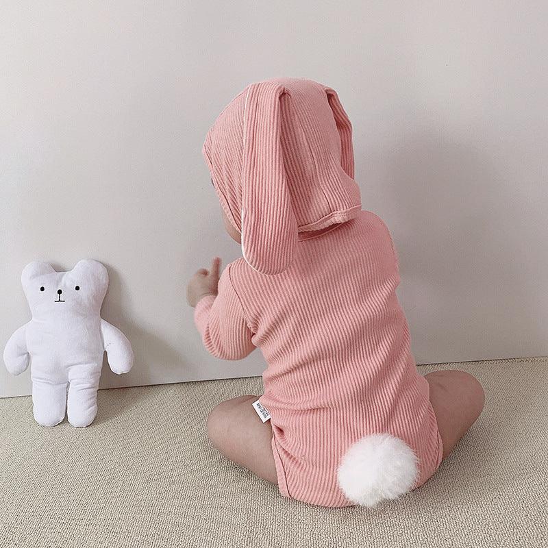 Baby Boys Girls Solid Color Cute Rabbit Ears Long Sleeved Jumpsuit Hat Socks Set