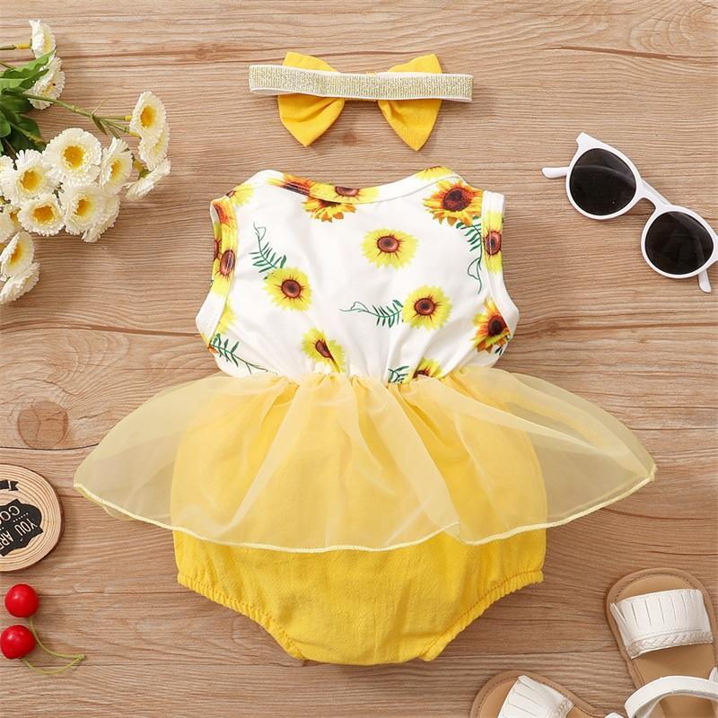 Baby Girl Sunflower Print Sleeveless Mesh Hem Bodysuit & Headwear