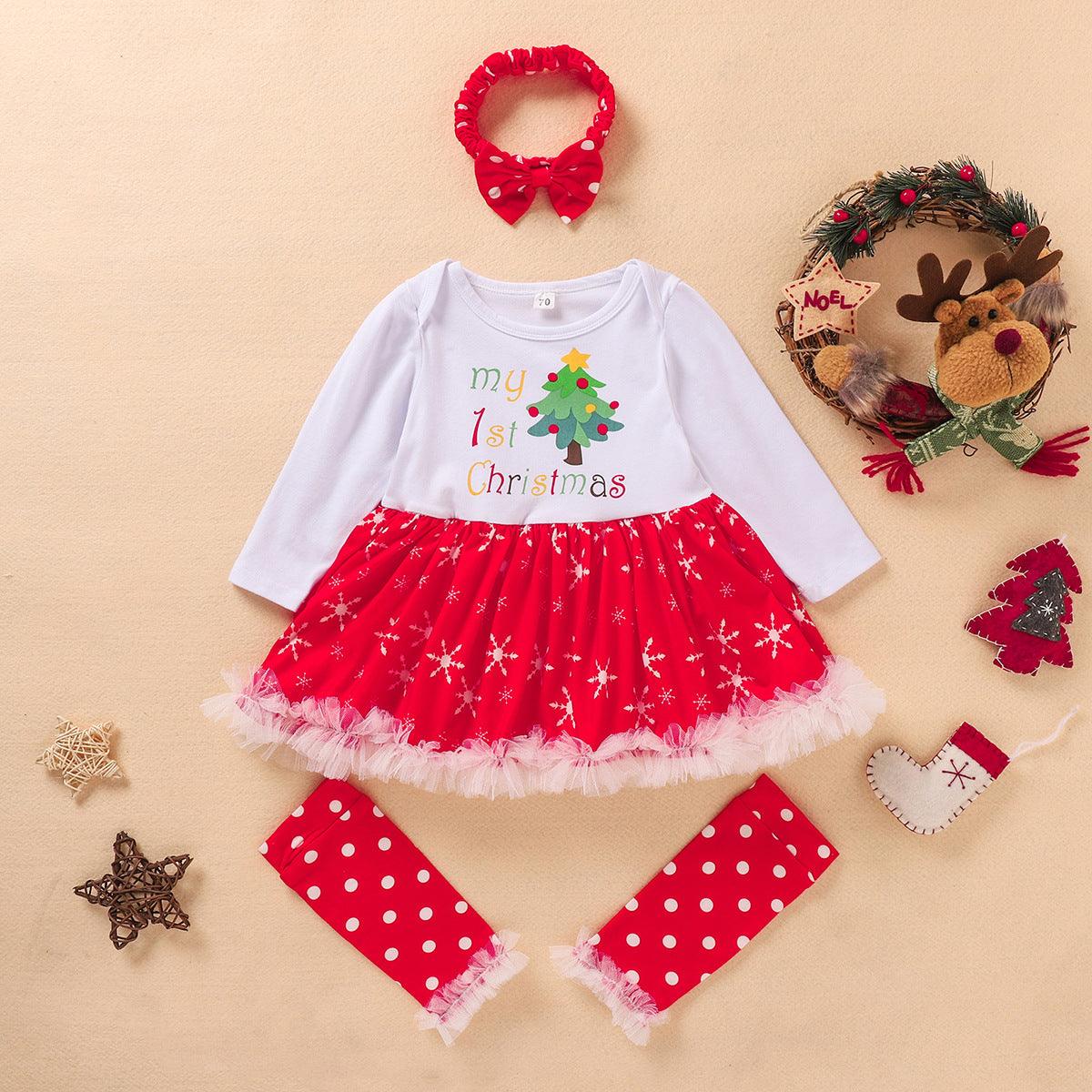 Baby Girls Christmas Costume Cartoon Printed Letter Red Jumpsuit