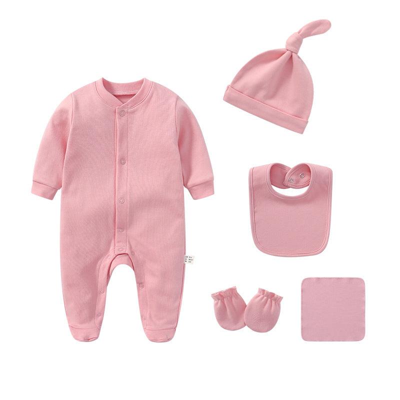 Baby Boys Girls Solid Color Long-sleeved Cotton Jumpsuit Hat Bib Gloves Square Scarf Five Piece Set