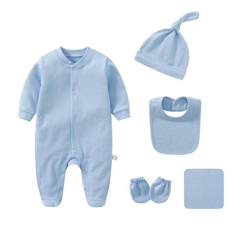 Baby Boys Girls Solid Color Long-sleeved Cotton Jumpsuit Hat Bib Gloves Square Scarf Five Piece Set