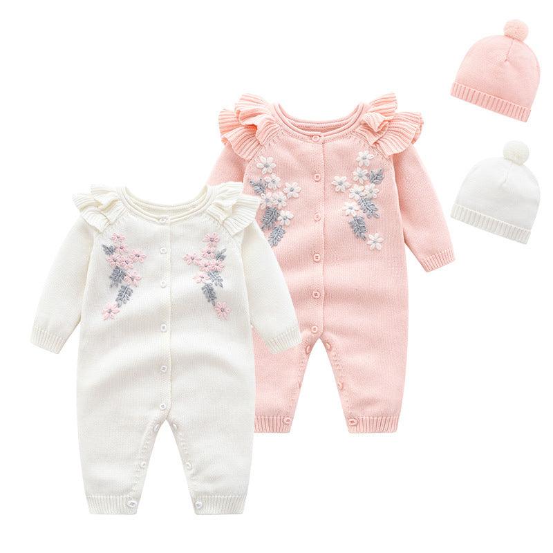 Baby Girls Cute Floral Embroidery Solid Color Long Sleeve Knitted Jumpsuit