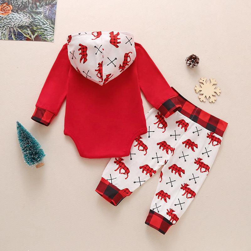 Baby Boys Letter Hooded Jumpsuit Cartoon Printed Pants Christmas Hooded Set