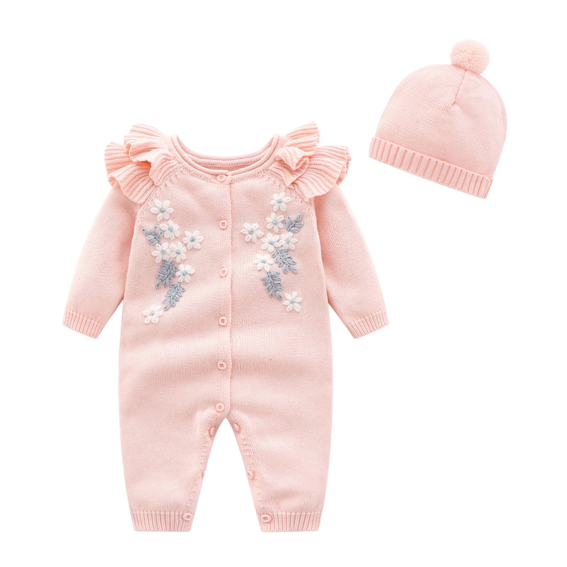 Baby Girls Cute Floral Embroidery Solid Color Long Sleeve Knitted Jumpsuit