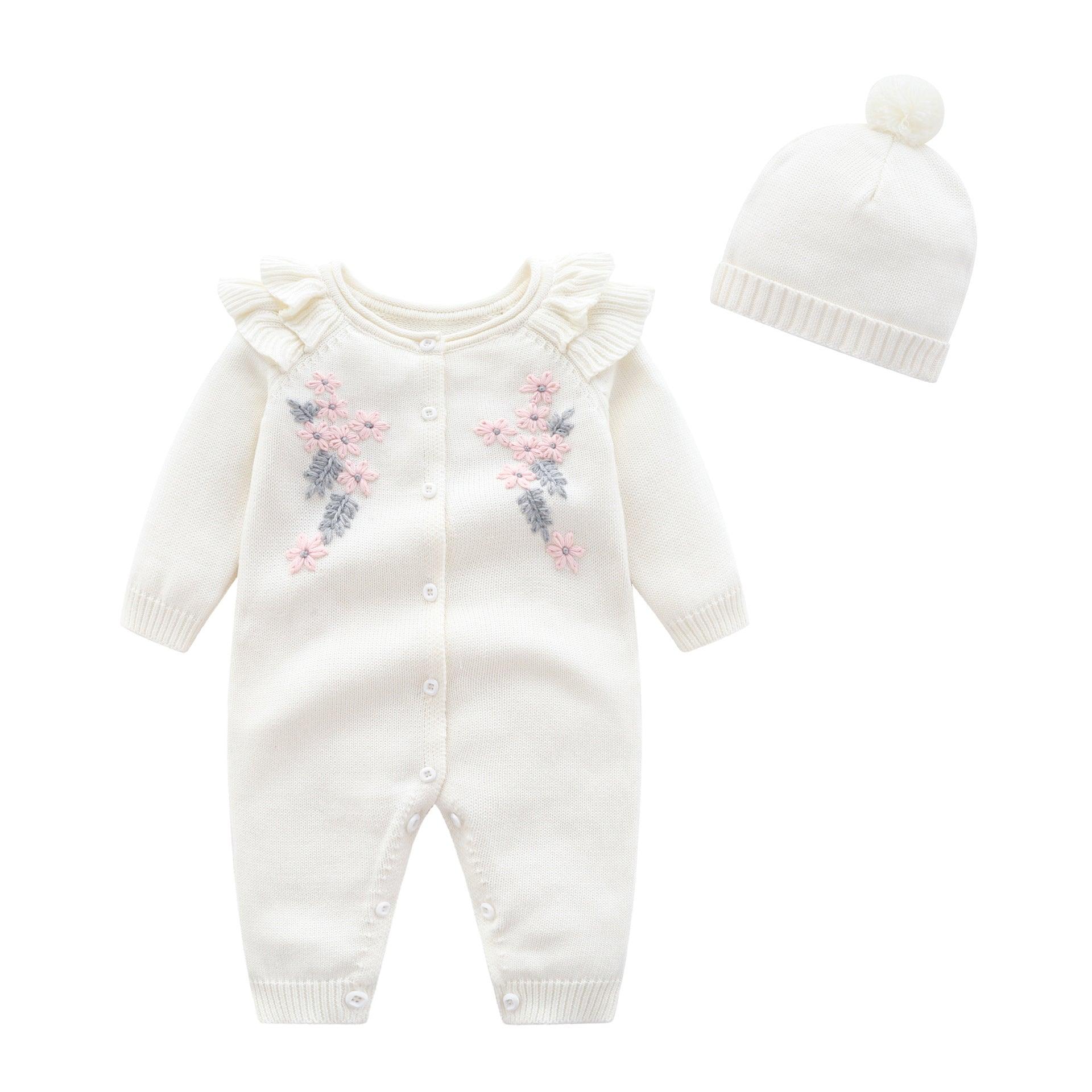 Baby Girls Cute Floral Embroidery Solid Color Long Sleeve Knitted Jumpsuit