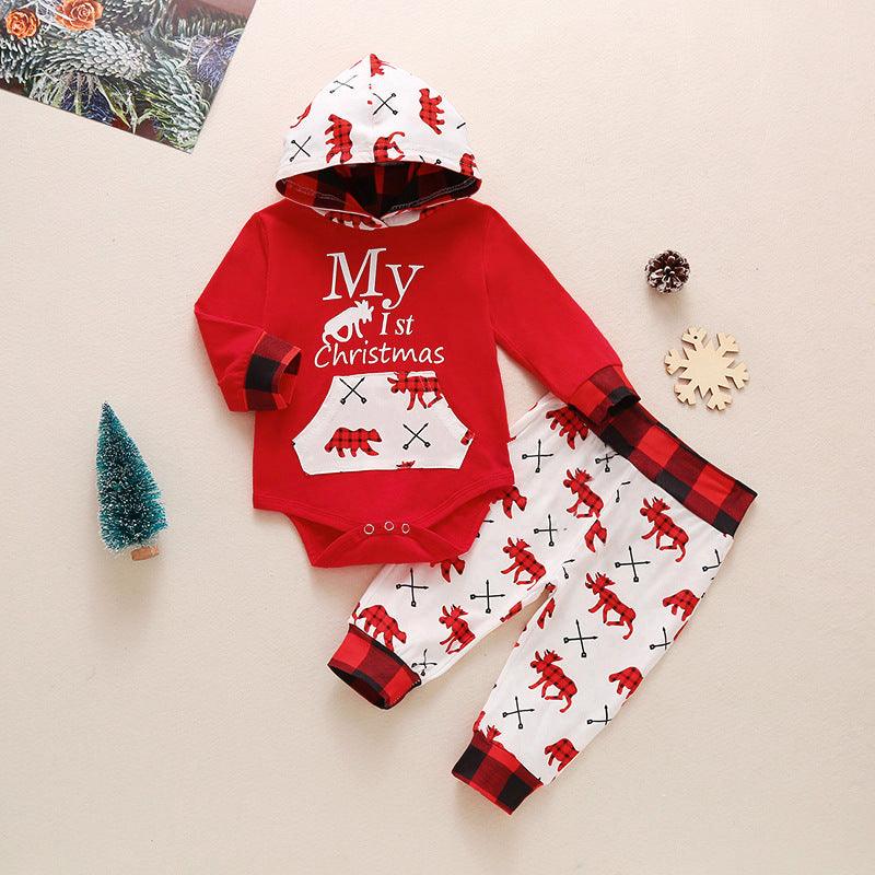 Baby Boys Letter Hooded Jumpsuit Cartoon Printed Pants Christmas Hooded Set