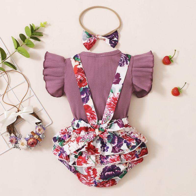 Baby Girl Ruffle Armhole Ribbed Top & Floral Suspender Shorts & Headwear