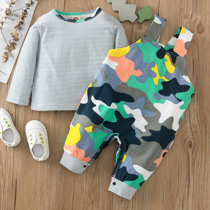 2-piece Striped Long Sleeve T-shirt & Camouflage Bib Pants for Baby