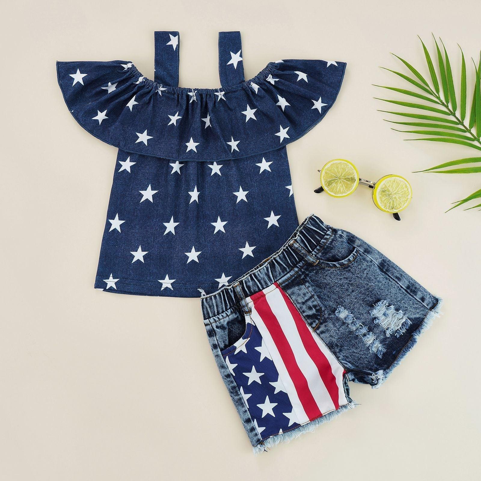 18M-6Y Toddler Girls Sets Stars Cami Top & Denim Shorts Independence Day Wholesale Little Girl Clothing