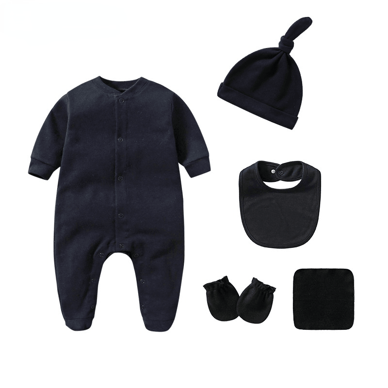 Baby Boys Girls Solid Color Long-sleeved Cotton Jumpsuit Hat Bib Gloves Square Scarf Five Piece Set