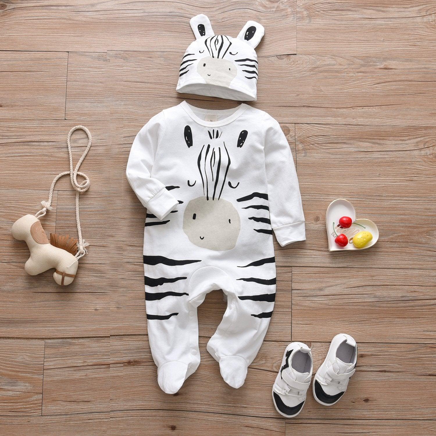 2-piece Cute Cartoon Zebra Printed Long-sleeved Jumpsuit and Hat Set for Baby Wholesale children's clothing