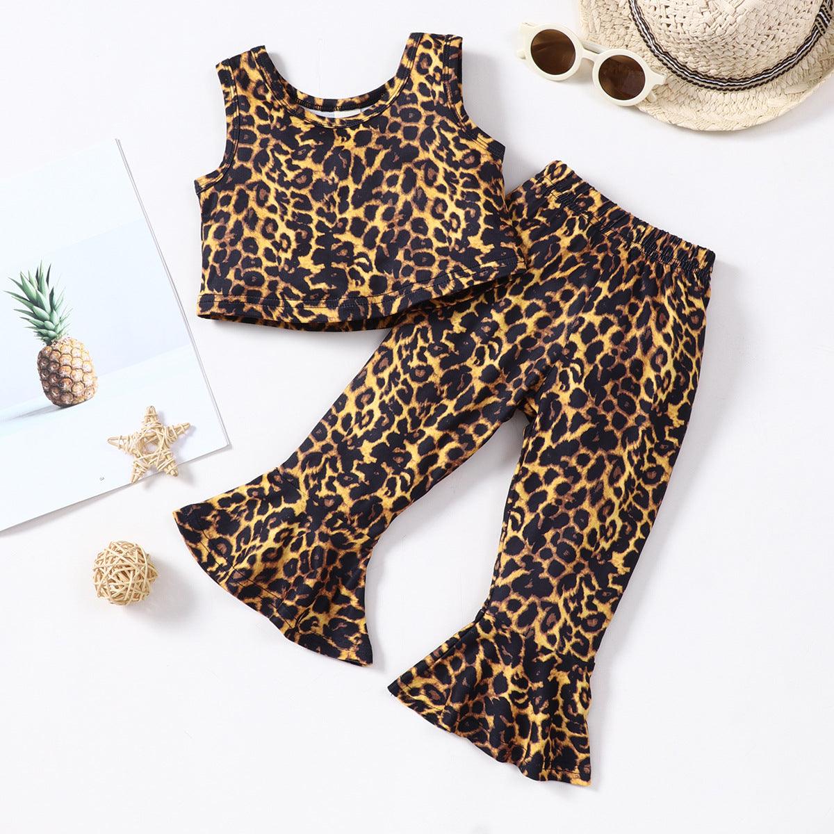 Baby Girl Leopard Print Vest And Flared Pants Two Piece Baby Sets