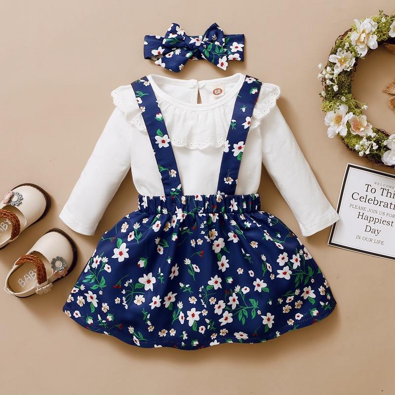 Baby Girl Lace Side Long Sleeve Base & Floral Skirt & Floral Headband Children's Clothing