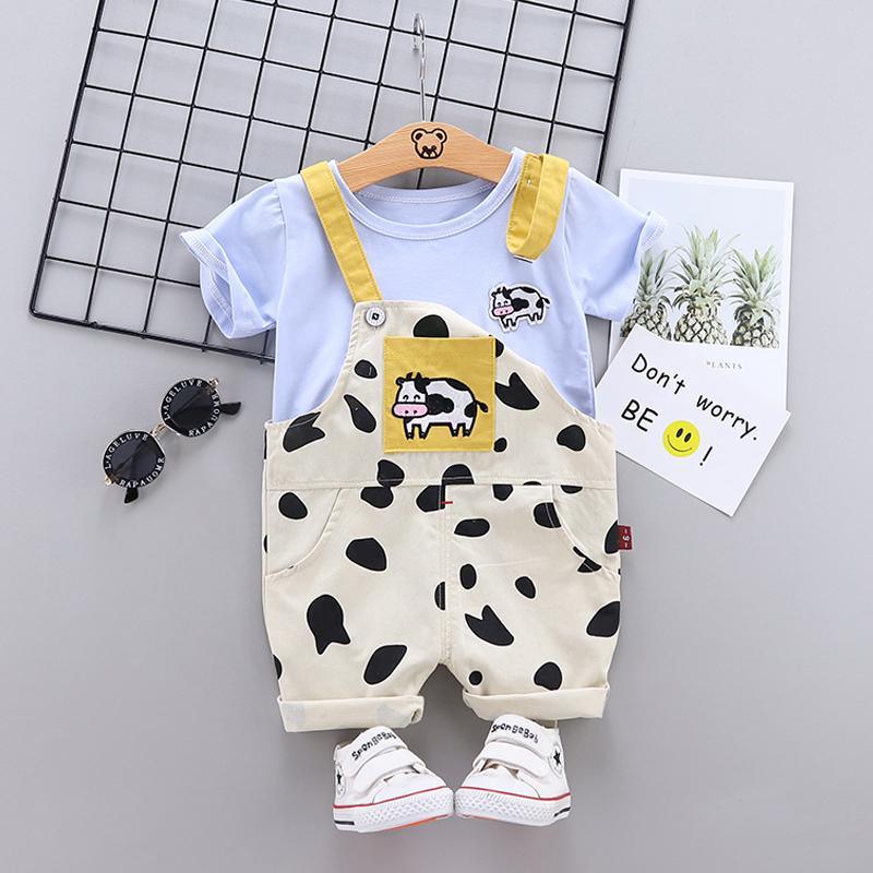 2pcs Fashion Cow Print T-shirt and Jumpsuits