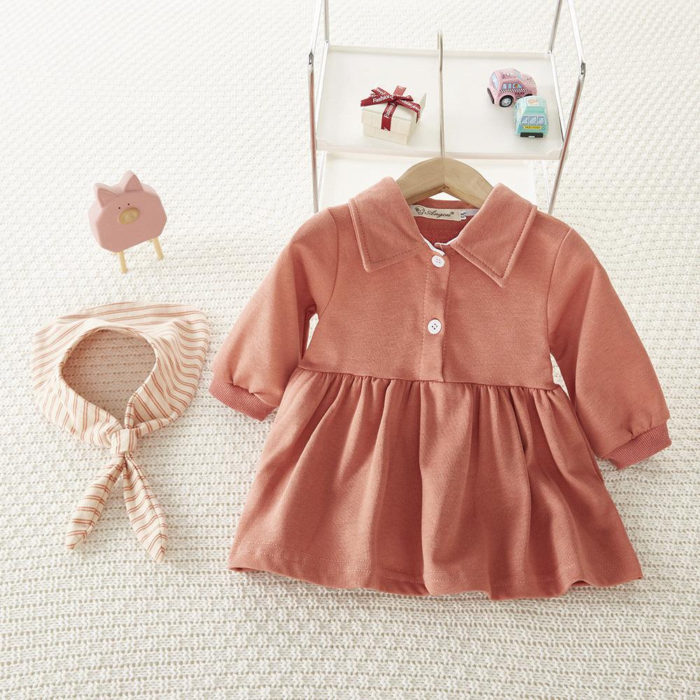 Baby Girl Lapel Collar Long Sleeve Solid Color Dress Baby Girl Dress Wholesale