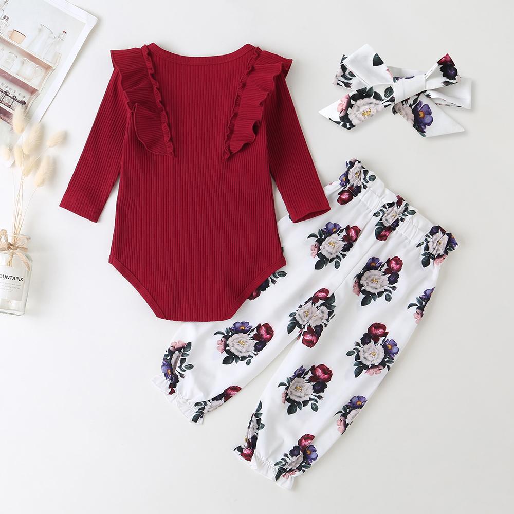 Baby Casual Solid Long Sleeve Romper & Floral Pants & Headband