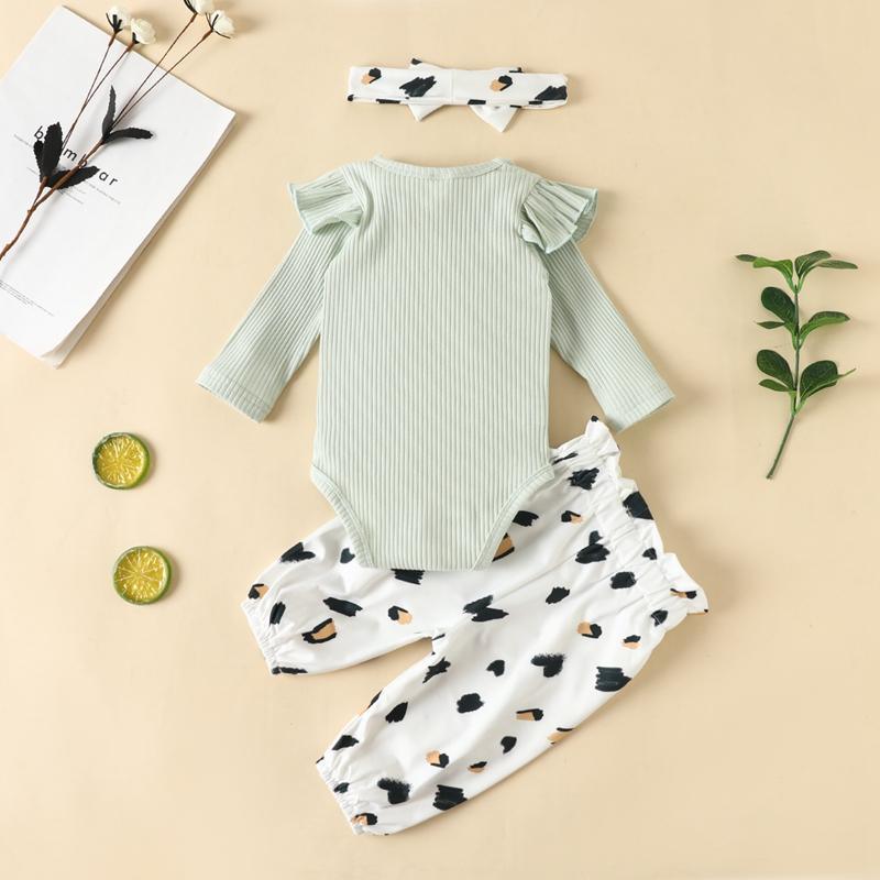 3-piece Solid Bodysuit & Leopard Pants & Headband for Baby Girl