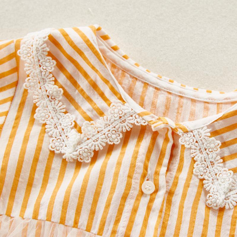 Baby Girl Color Stripes Lace Collar Mesh Hem Dress