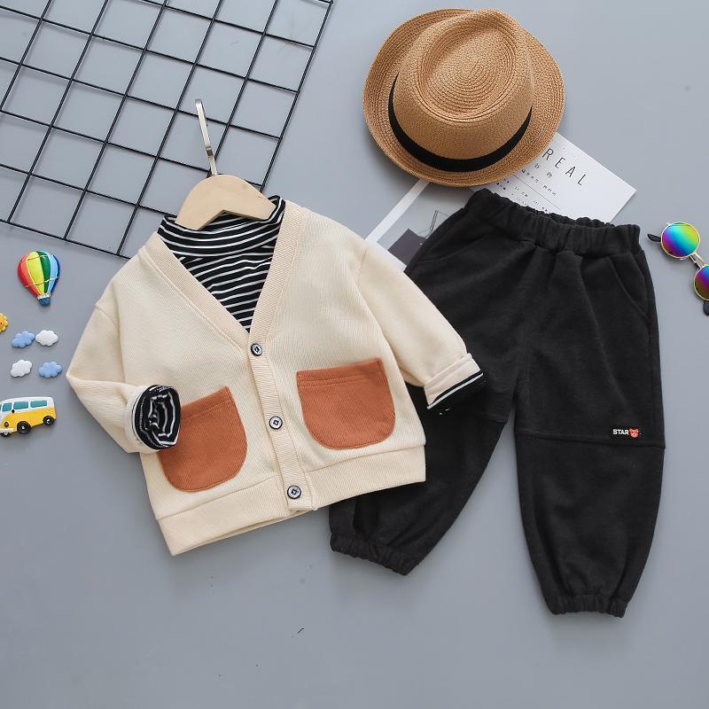 3-piece Pocket Design Cardigan & Striped Sweatshirt & Pants for Children Boy