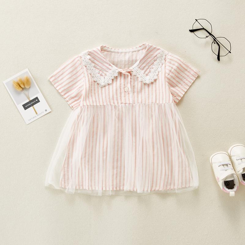 Baby Girl Color Stripes Lace Collar Mesh Hem Dress