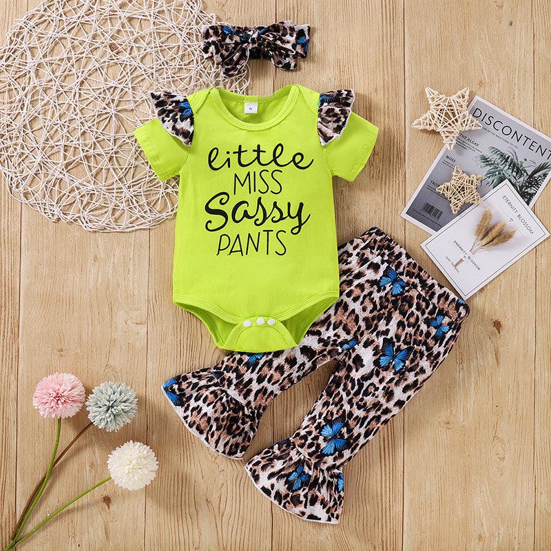 Baby Girl Letter Print Bodysuit And Leopard-Print Flared Pants With Headband Two Piece Baby Sets