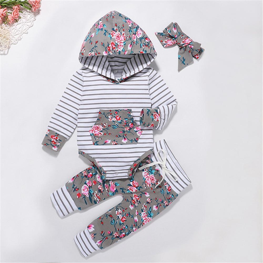 Baby Girls 3-Piece Floral Stripe Printed Hooded Sets Baby Wholesale