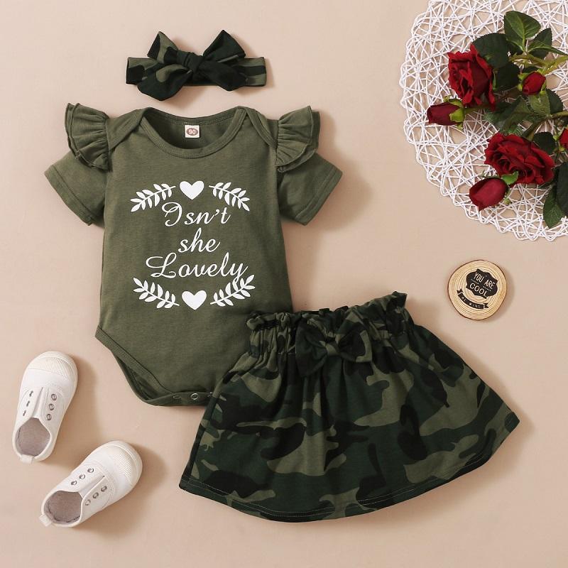 Baby Girl Ruffle Romper & Camouflage Print Skirt & Bowknot Headband