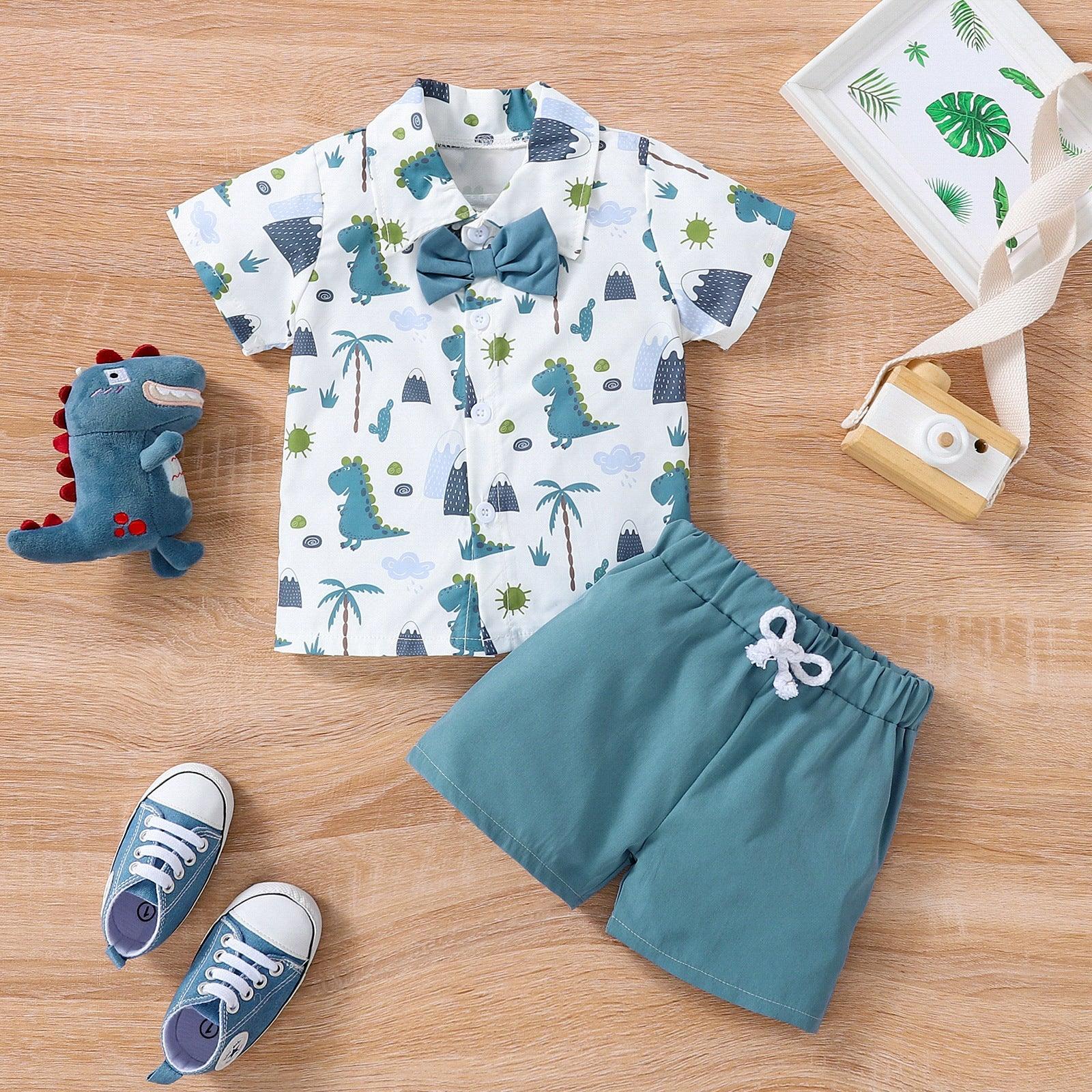 9M-3Y Baby Boys Clothes Sets Dinosaur Print Bowtie Shirts & Shorts Wholesale Baby Clothes