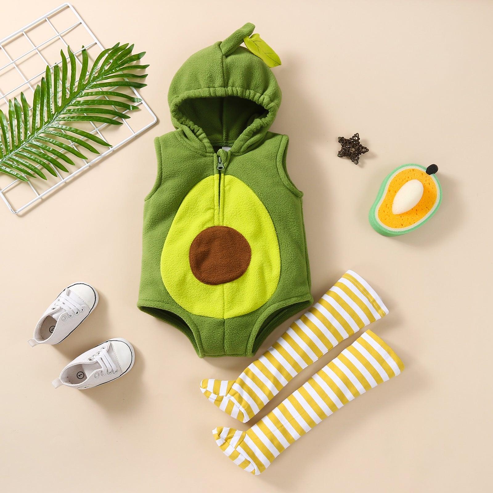 Baby Avocado Zipper Hooded Bodysuit And Striped Stockings Wholesale Baby Clothes Set