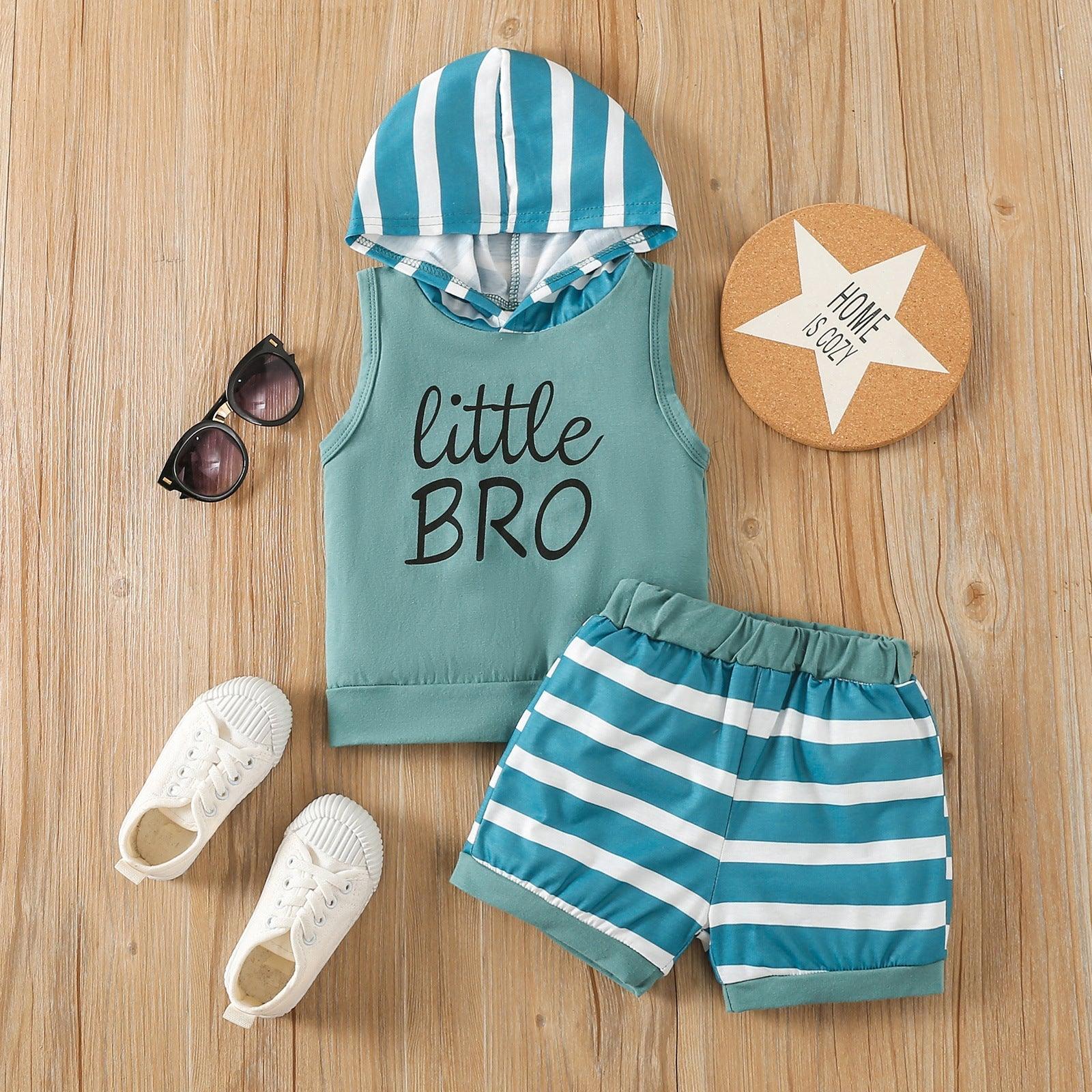 9months-4years Toddler Boy Sets Boys Suit Letter Print Hooded Tank Top & Striped Shorts Suit