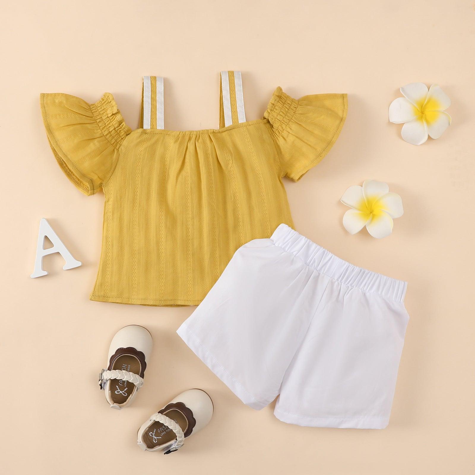 Baby Girl Off Shoulder Fly Sleeve Daisy Top And Shorts Baby Outfit Sets