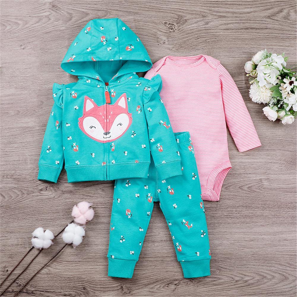 Baby Girls 3PCS Cartoon Printed Striped Sets Baby Clothes Wholesale Bulk