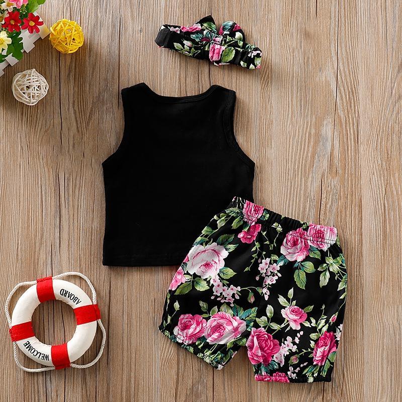 3-piece Letter Tank Top, Floral Shorts with Headband