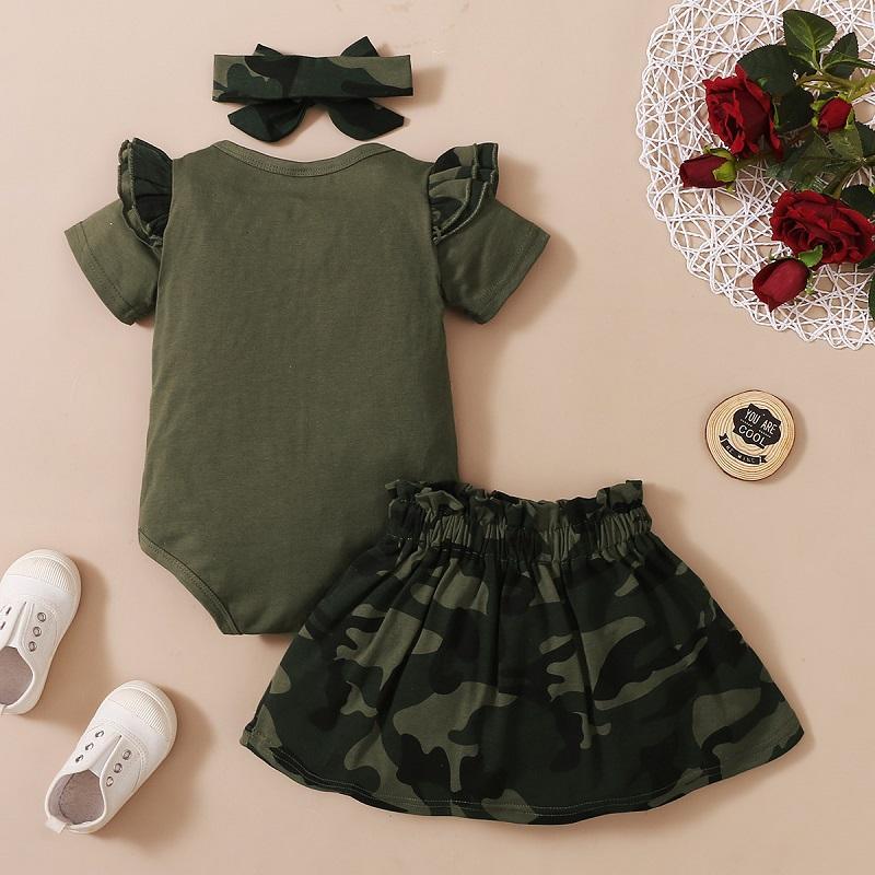 Baby Girl Ruffle Romper & Camouflage Print Skirt & Bowknot Headband