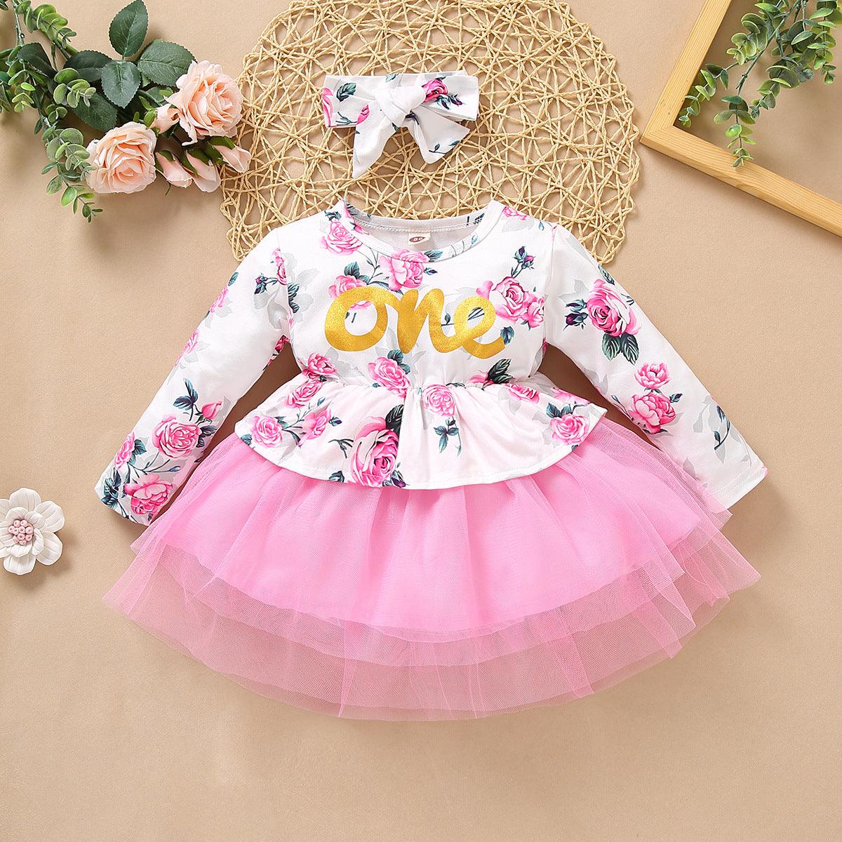 Baby Girl Mesh Monogram & Flower Print Dress With Headband Cute Baby Girl Dresses Wholesale