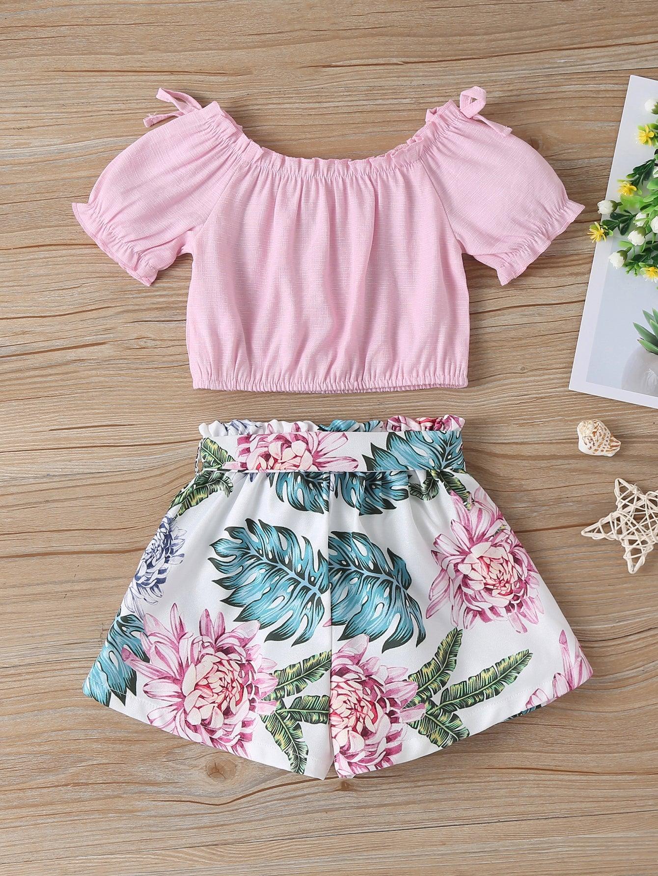 18M-6Y Toddler Girls Outfits Sets Off-Shoulder Top & Flower Print Shorts Wholesale Sunny Girl Clothing