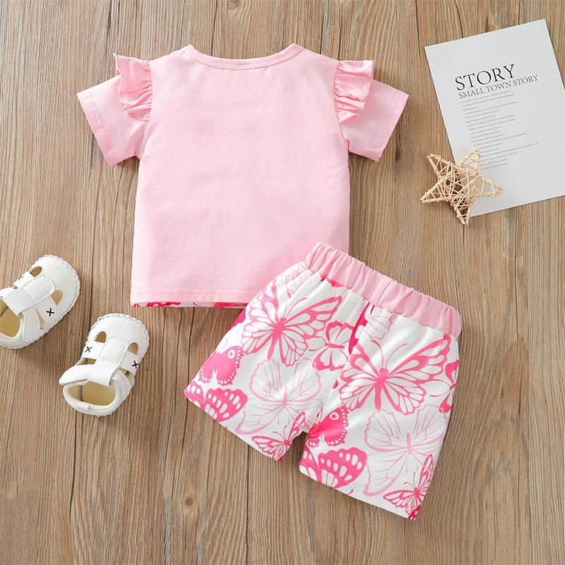 Baby Girl Butterfly Pattern Color-block T-shirt & Shorts