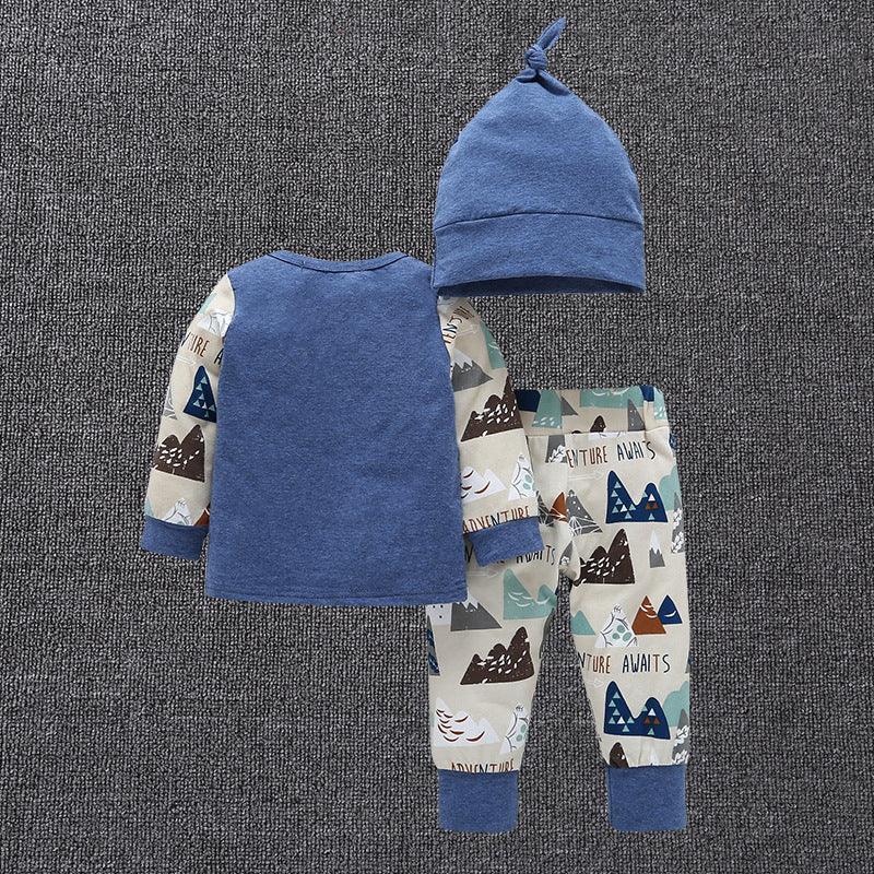 Baby Boys Girls Solid Color Long Sleeve Top Printed Trousers Hat Set Organic Kids Clothes Wholesale