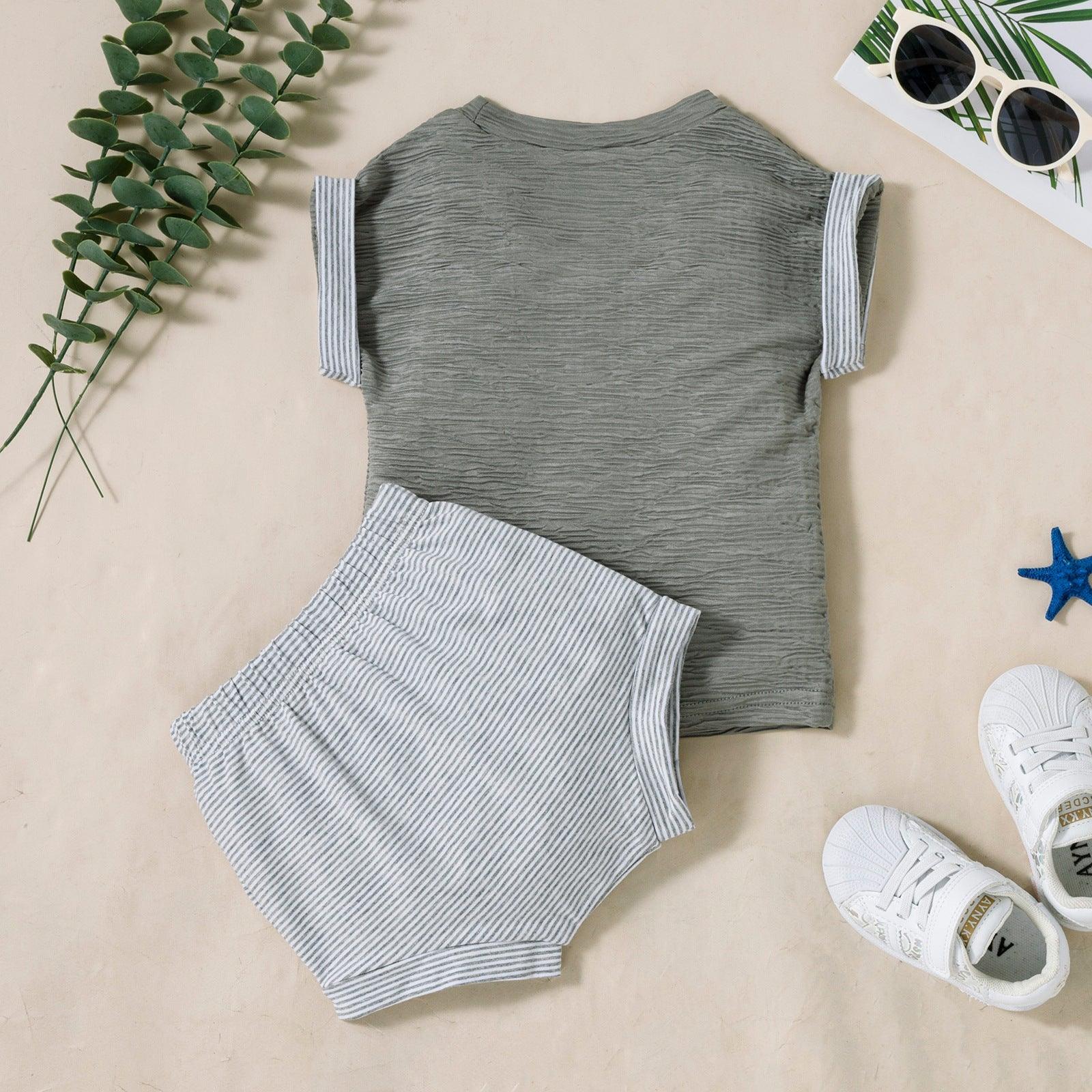 Baby Boy Short Sleeve Pocket T-Shirt And Striped Shorts Two Piece Baby Sets