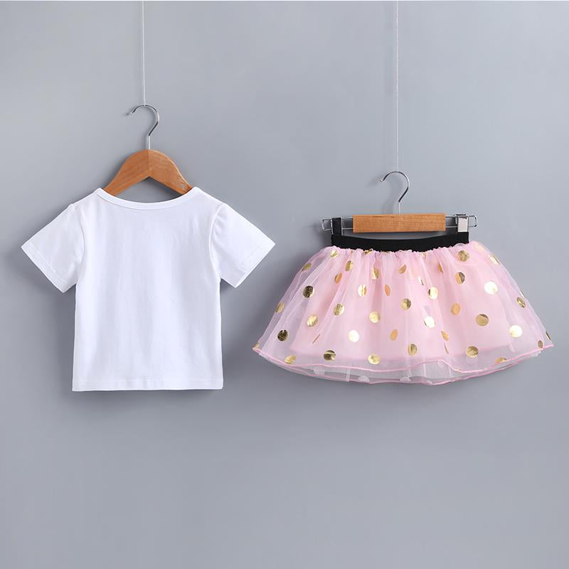 Baby Girls Cat Cartoon Print Top & Polka Dot Mesh Skirt