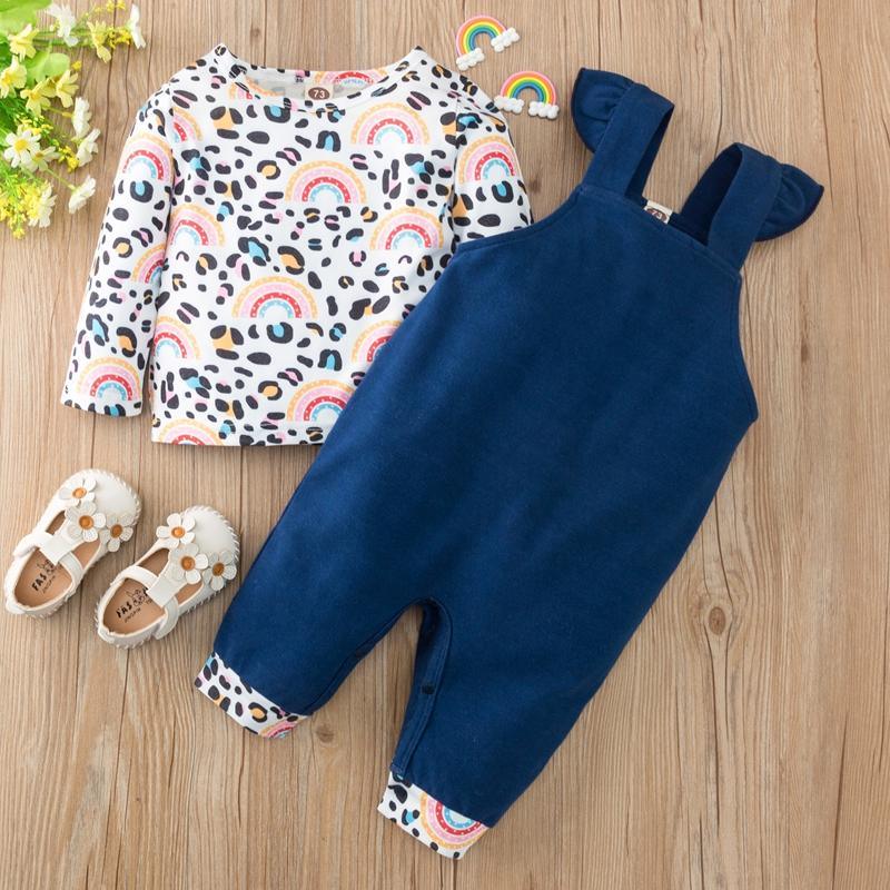 2-piece Rainbow Pattern Long-sleeve & Bib Pants for Baby Girl