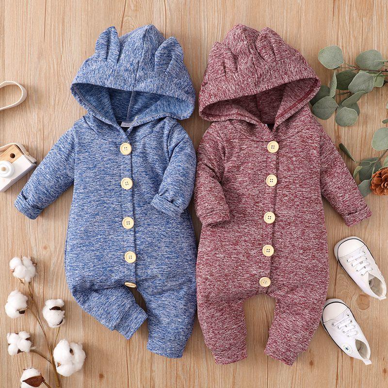 Baby Girl Casual Solid Rabbit-ear Long Sleeve Hooded Jumpsuit