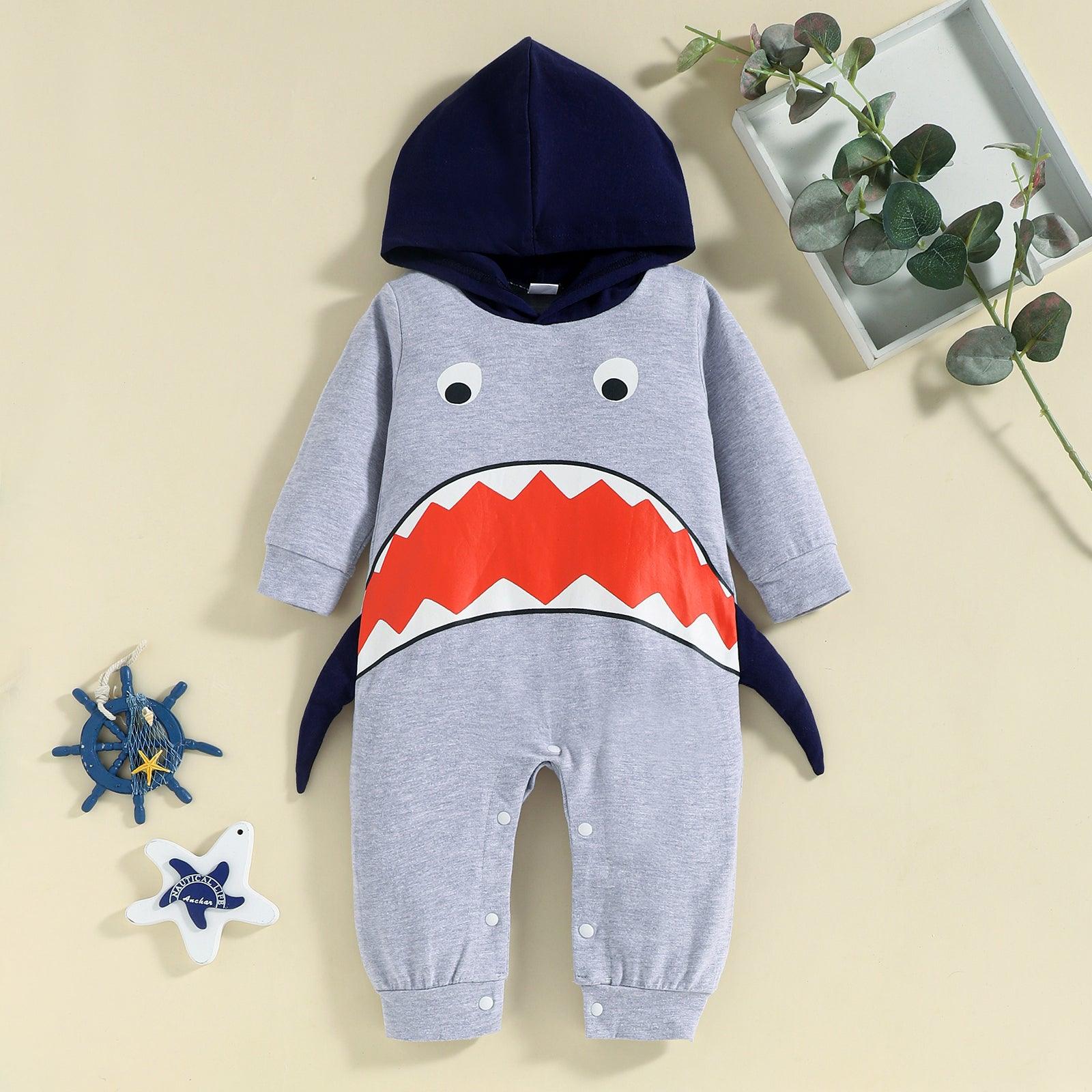 Baby Boys Hooded Shark Long Sleeve Jumpsuit