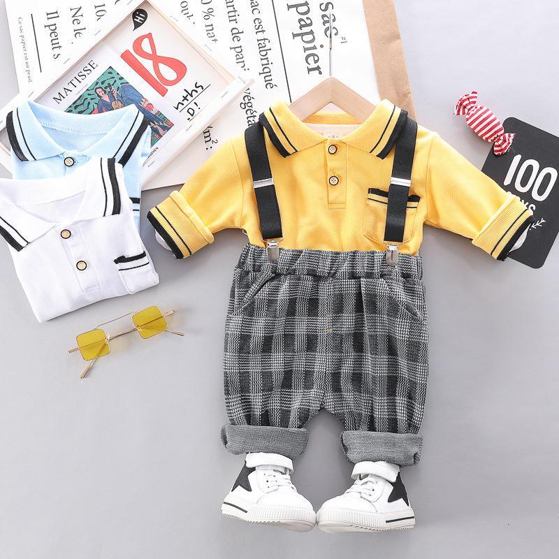 2-piece Long Sleeve Polo Shirt & Plaid Pants for Children Boy