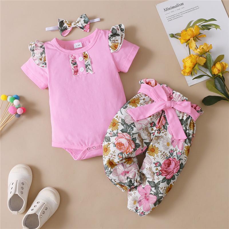 baby girl wholesale clothing Baby Girl Ruffle Sleeve Bodysuit & Floral Pants & Headband Wholesale Children's Clothing